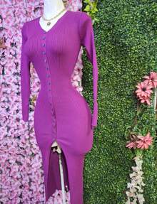 Vestido largo tela tejido premium con botones - Púrpura malva - Ver 3