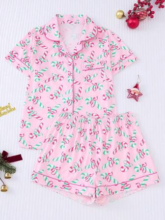2 件圣诞糖果棒和蝴蝶结图案印花女士休闲套装、短袖领开衫上衣和宽松弹力短裤、女士休闲睡衣和家居服