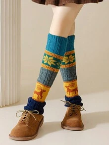 1 双女式圣诞麻花针织雪花鹿图案暖腿套针织靴筒秋冬季 - 彩色 - 查看 3