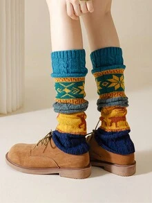 1 双女式圣诞麻花针织雪花鹿图案暖腿套针织靴筒秋冬季 - 彩色 - 查看 2