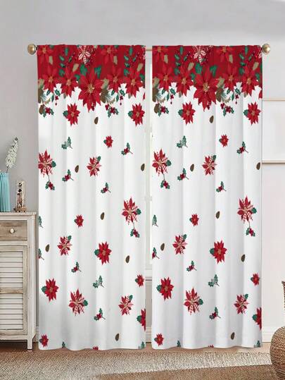 2 件装红色花朵印花窗帘，无孔窗帘，适用于卧室办公室厨房客厅书房家居装饰
