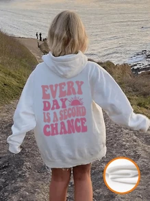 1件少女休闲印花保暖套头卫衣，秋冬季学生款 - “每一天都是第二次机会” - 穿上我们舒适时尚的卫衣，探索世界 - 白色 - 查看 5