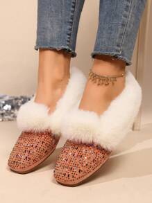 New Rhinestone Embellished Fashionable Thermal Lined Square Toe Flat Slip-On Comfortable Loafers