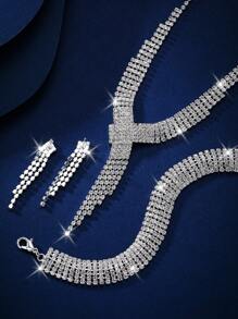 3 件/套水钻流苏吊坠项链和耳环，带爪链、手链 - 时尚首饰套装 - 适合女性日常穿着、婚礼、派对等。 - 白色 - 查看 3