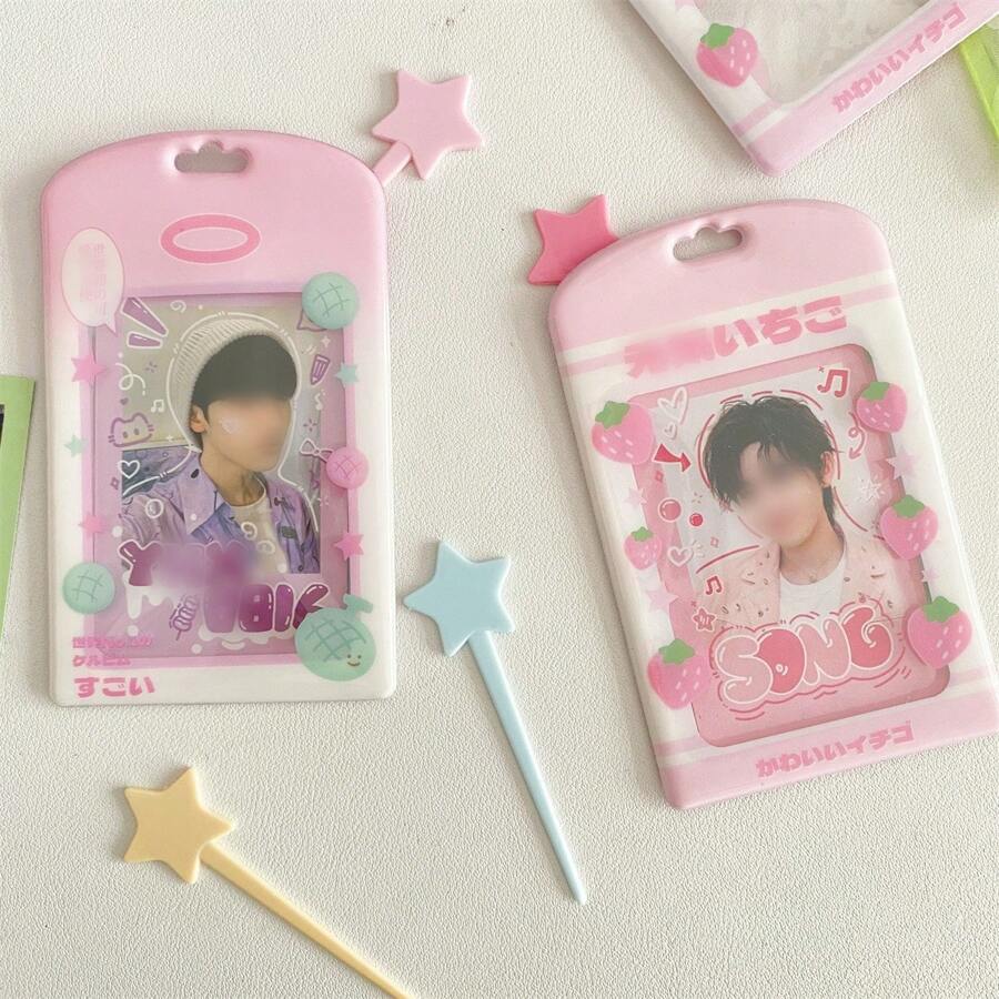 Four-Leaf Clover Strawberry Phpto Card Holder Can Put Student Card Holder Keychain,School Supplies,Back To School - Color - View 1