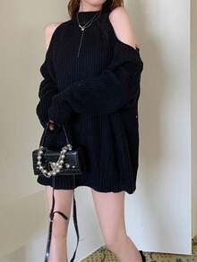 女士宽松露肩长款针织毛衣上衣，时尚秋冬