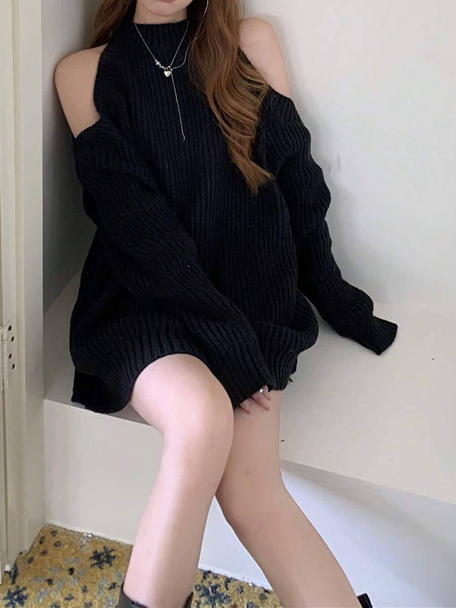 女士宽松露肩长款针织毛衣上衣，时尚秋冬