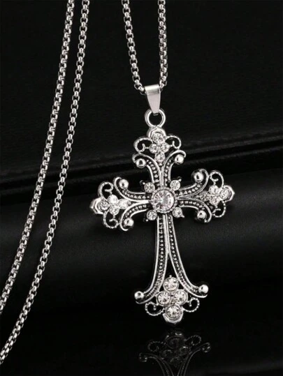 1pc Baroque Style Cross Necklace, European And American Hip-Hop Vintage Style Inlaid Large Cross Stainless Steel Necklace, Wholesale Men's Long Sweater Chain And Women's Daily Accessories