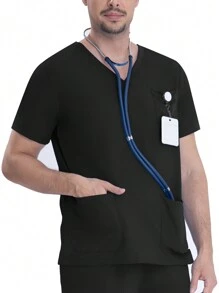 Men's Short Sleeve Stretchy Work Uniform, Lab Coat, Pet Grooming Service, Breathable Elastic Single Pocket Top