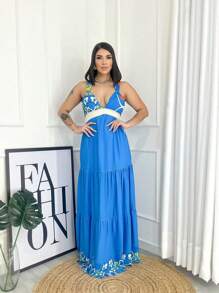 LONG DRESS WITH THICK ELASTIC SUMMER PRINT - 藍色 - 查看 4