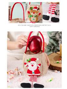 1 件圣诞苹果袋、儿童圣诞小礼物/糖果袋、圣诞老人亚麻圣诞手提包，适合节日、冬季 - 彩色 - 查看 3