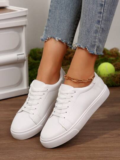 1 Pair Plus Size Women's Summer New Versatile White Shoes, Flat Casual Sneakers, Leather Surface White Shoes
