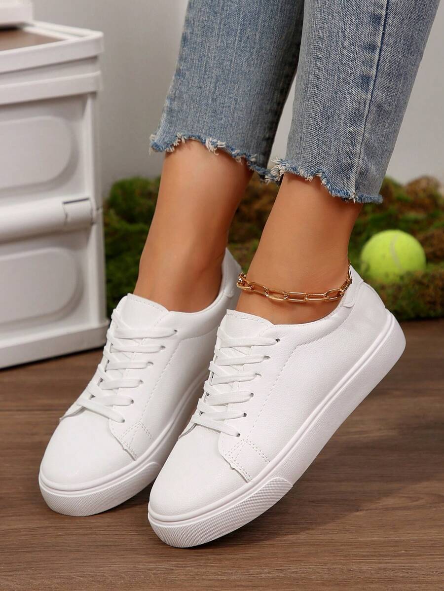 1 Pair Plus Size Women's Summer New Versatile White Shoes, Flat Casual Sneakers, Leather Surface White Shoes