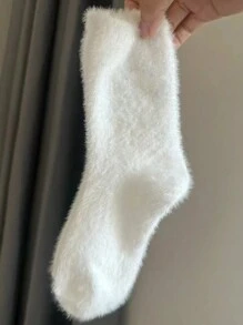5 Pairs Autumn/Winter Solid Color Fluffy Lined Warm Crew Socks For Women