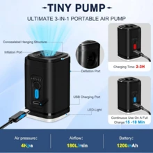 Portable Mini Air Pump Rechargeable Camping For Air Bed Mattress And Kayak USB - 黑色 - 查看 3