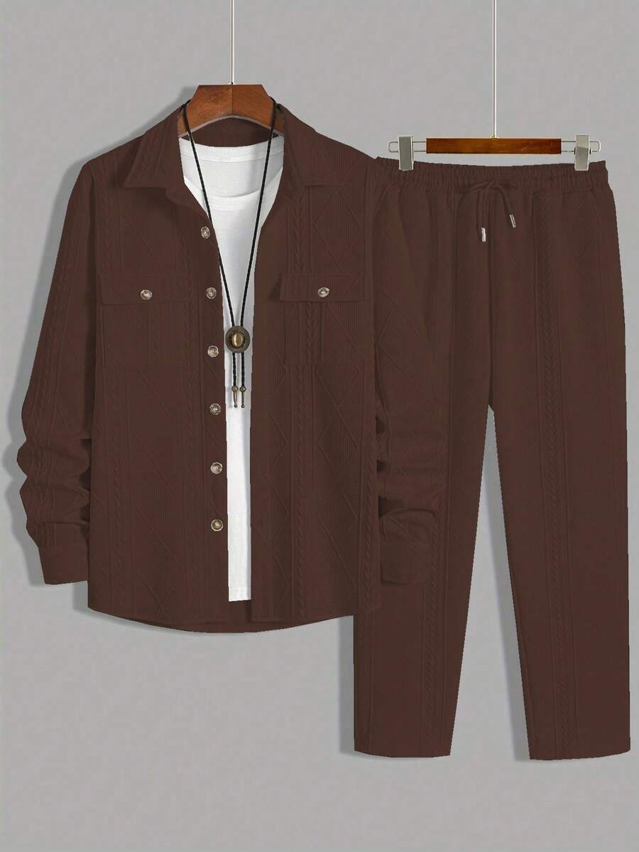 2pcs Men's Fashion Simple Front Button Long Sleeve Top And Drawstring Long Pants Casual Set - Brown - View 1