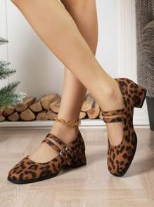 2024 Spring/Autumn French Style Mary Jane Flat Shoes, Vintage Niche Leopard Print Ankle Strap Block Heel Pumps - Leopard - View 2