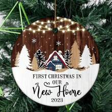 自定义文字新家第一个圣诞节装饰品 2024，乔迁礼物，新家第一个圣诞节，陶瓷装饰品圣诞树装饰 - 軍綠色 - 查看 2
