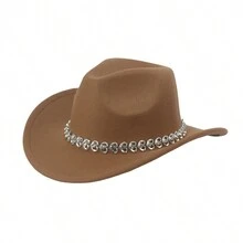 1 件纯色休闲优雅涤纶水钻装饰西部牛仔帽/毡帽/爵士帽/高顶帽，秋冬季新款 - A - 查看 6