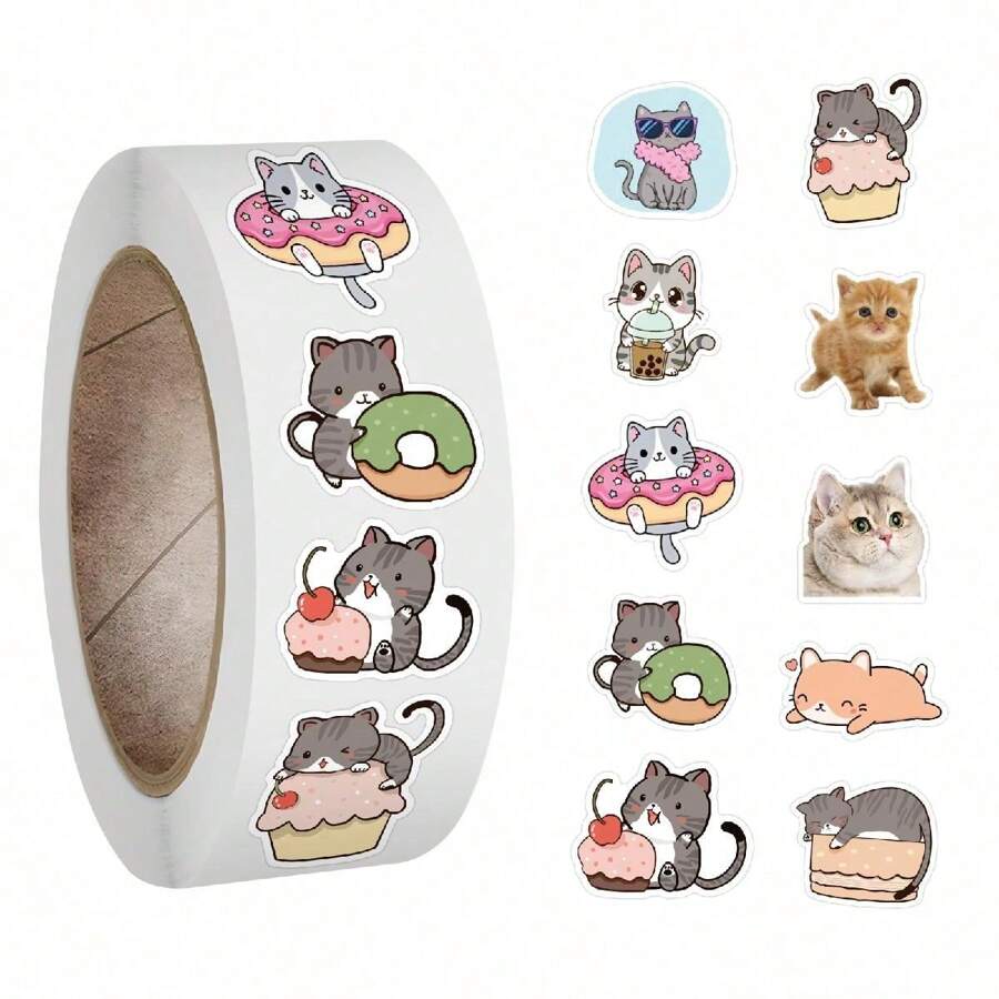 500Pcs Cat Stickers Roll Vinyl Stickers For Scrapbook Journaling Laptop Bumper Skateboard Water Bottles Computer Phone Cartoon Anime - Multicolor - View 1