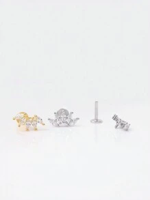 1pc 16G Gold Tiny Crown/Leaf Internally Threaded Labret | 925 Sterling Silver Hypoallergenic Stud Earrings | Cartilage Helix Stud | Flat Back Labret Stud | For Women And Men Daily Wear | Sold As 1 Piece (Not 1 Pair) - Multicolor - View 3