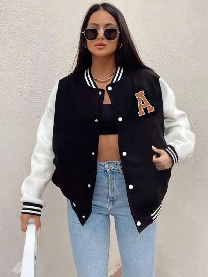 1 st flickor casual lös färgblock bokstavstryck ribbad lappad fleece jacka med dragkedja och basebolluniform, vår höst vinter