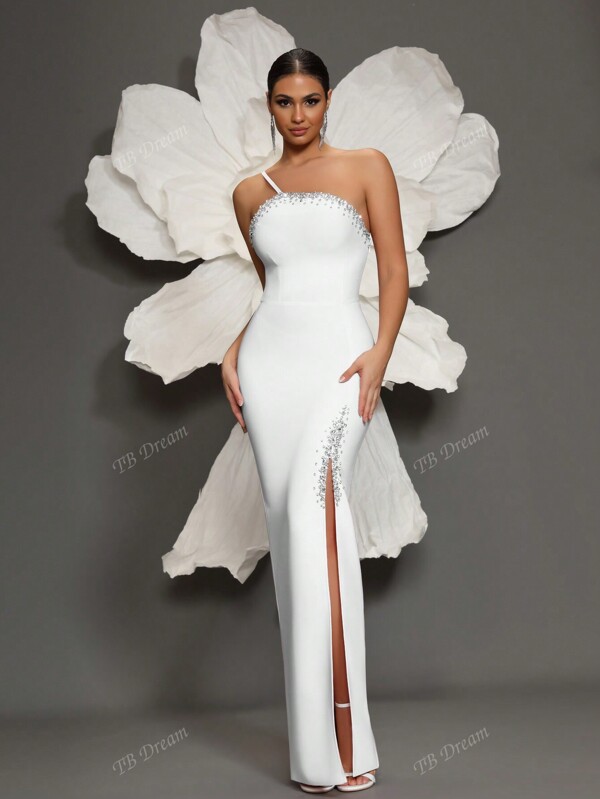 Rochie bandaj cu un umăr, cu mărgele, mulată, sexy, cu crăpături înalte, elegantă, pentru petreceri în familie, nunți, cocktailuri de seară