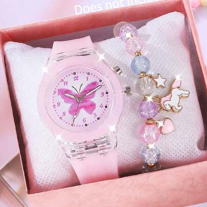 2 件女孩儿童夜光手表 - LED 发光卡通蝴蝶石英表和独角兽串珠手链套装