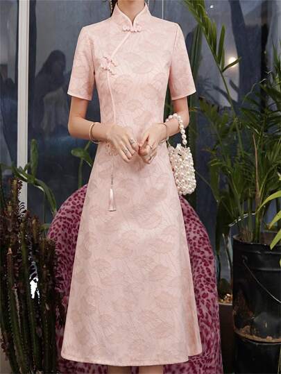 Improved Cheongsam Collar Solid Color Elegant Short Sleeve New Cheongsam Chinese Dress