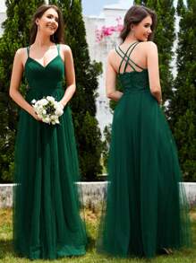 优雅交叉露背蕾丝撞色网纱深绿色伴娘礼服，半正式，适合婚礼、度假、生日、毕业典礼及其他场合