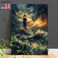1pc Wooden Framed Canvas Painting Lighthouse At Night, Birds, Ocean Waves, Moody AtmosphereHalloween Christmas Home Decorating Gifts - 其它 - 查看 1