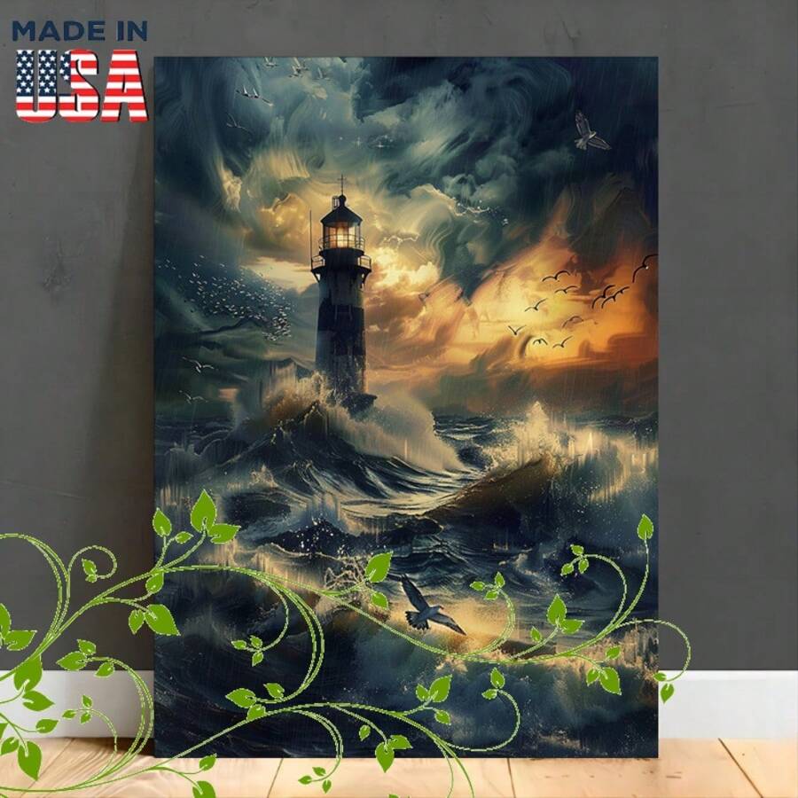 1pc Wooden Framed Canvas Painting Lighthouse At Night, Birds, Ocean Waves, Moody AtmosphereHalloween Christmas Home Decorating Gifts - 其它 - 查看 1