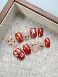 10 件高端圣诞雪花手工假指甲，女孩圣诞礼物，圣诞节指甲装饰用品 - 彩色 - 查看 5
