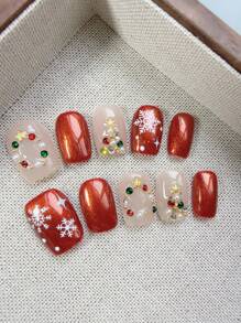 10 件高端圣诞雪花手工假指甲，女孩圣诞礼物，圣诞节指甲装饰用品 - 彩色 - 查看 1