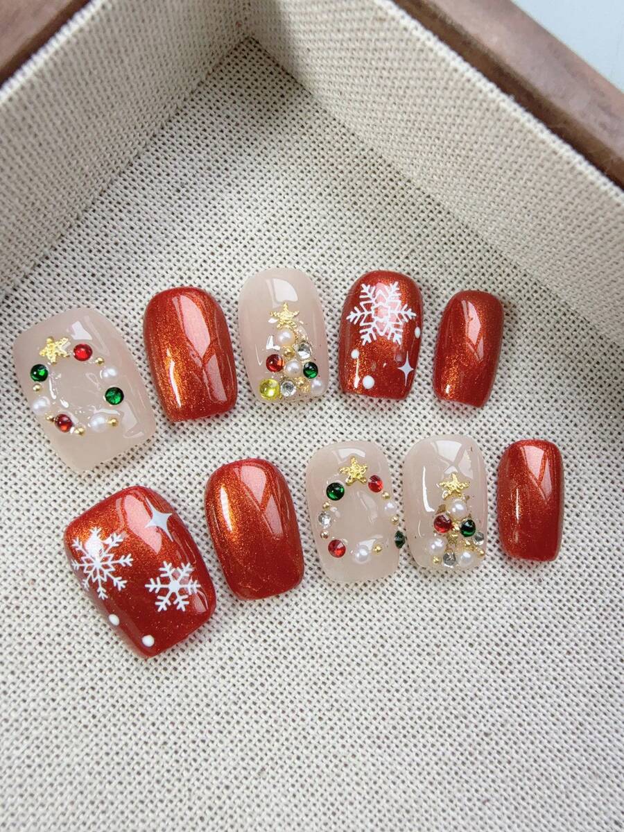 10 件高端圣诞雪花手工假指甲，女孩圣诞礼物，圣诞节指甲装饰用品 - 彩色 - 查看 1