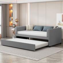 MISSUNNY Twin Size Upholstered Daybed With Ergonomic Design Backrest And Trundle, Gray - 灰色 - 查看 2