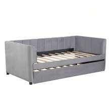 MISSUNNY Twin Size Upholstered Daybed With Ergonomic Design Backrest And Trundle, Gray - 灰色 - 查看 5