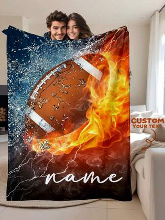 1pc Customized Football Printed Flannel Blanket - Personalized, Soft & Warm, Suitable For Sofa, Bed, Travel, Camping, Living Room, Office - Machine Washable, Comfortable For All Seasons, Breathable, Lightweight, Washable, Funny, Cute, Love, Soft, Comfortable, Elegant, Simple, Warm, Cozy, Custom, Personalized, Unique, Ideal Gifts For Him, For Valentine's Day, For Graduation, For Father's Day, For Children's Day, For Weddings, For Housewarming, Sofa, Bed, Car, Tea Room, Bedroom, Bathroom, Living Room, Dining Room