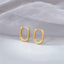 1 Cặp bông tai thép không gỉ mạ vàng 18K hình bầu dục trơn, phong cách thanh lịch cổ điển phù hợp để phụ nữ đeo hàng ngày - bông tai - Xem 5