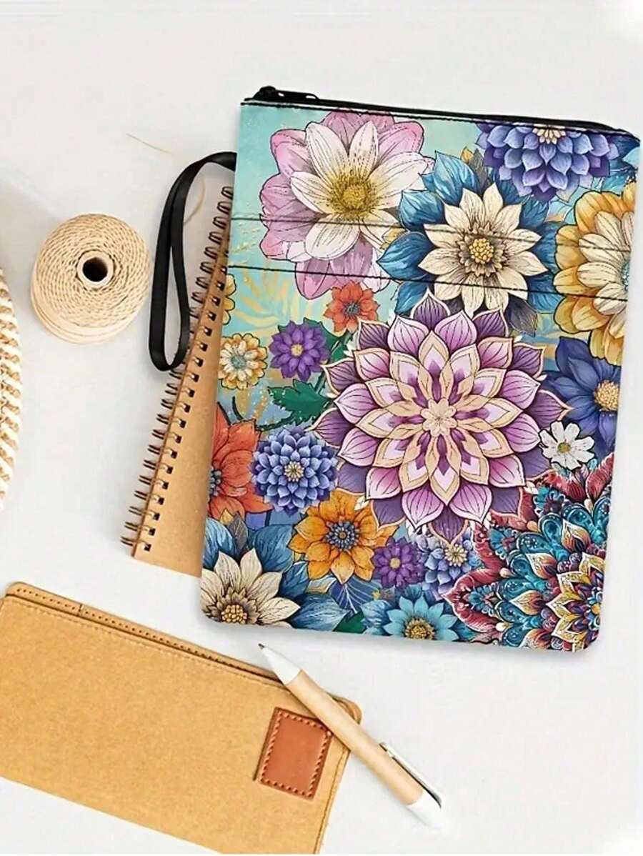 波西米亚花卉设计书籍封面，适合爱书人士，拉链书套平装封面可洗书包带口袋，11.8x 9 英寸，返校，返校，学校用品 - 彩色 - 查看 1