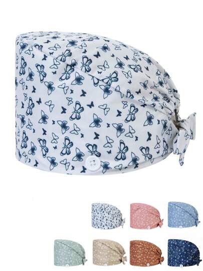 1pc Women's Premium Butterfly Print Tie Design Nurse Cap/Hat, With Elastic Strap At Back, Mask Strap Hook On Side, Suitable For Doctors, Nurses, Hospital, Beauty Salon And Veterinary Staff Use