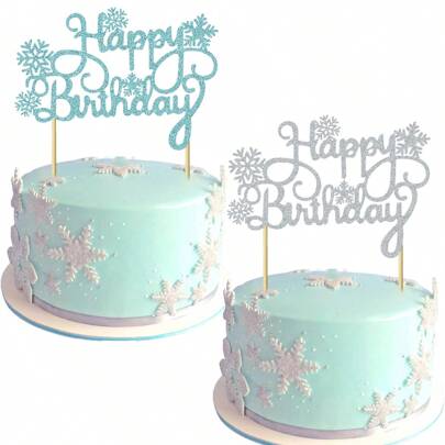 1Pc Snowflake Happy Birthday Cake Topper Glitter Winter Frozen Theme Cake Pick For Snowflake Happy Birthday Theme Christmas Birthday Theme Party