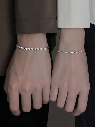 2pcs/Set Stainless Steel Couples Heart-Shaped Bracelet, Fashionable Design For Lovers