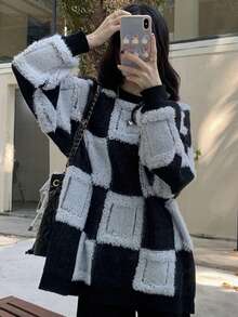 Plaid Knitted Oversized Slouchy Long Pullover Sweater - Black and White - View 3
