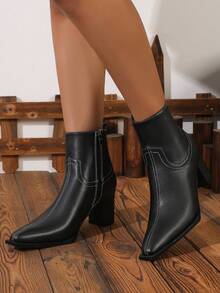 女士粗跟方头时尚复古侧拉链黑色英伦风秋冬中筒靴 - 黑色 - 查看 3
