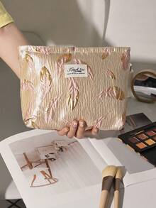 1 件粉红金轻奢风格手提化妆包，精致提花金粉叶，3D 图案休闲时尚便携化妆包，帆布衬里，多功能，简约化妆品包，大容量收纳包，适合钱包 - 粉色 - 查看 11