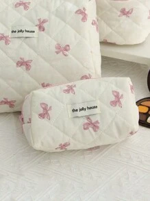 1 件白色背景粉色蝴蝶结绗缝设计手提包化妆包，时尚休闲大容量便携式拉链化妆包，旅行和度假必需品化妆包，适用于卫生巾、袋垫、Airpods、有线耳机、Earpods、耳机、充电器、口红、化妆品、香水、护肤品和美容产品、家居装饰、适合妈妈、女性、护士、学生、女学生、钥匙、节日礼物 - 粉色 - 查看 3