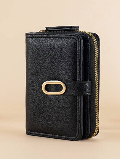 Fashionable Metallic Buckle Accent Folding Short Simple & Elegant Litchi Textured Zipper Coin Birthday Gifts For Women Wallet Purse Wallet,Pouch Bag