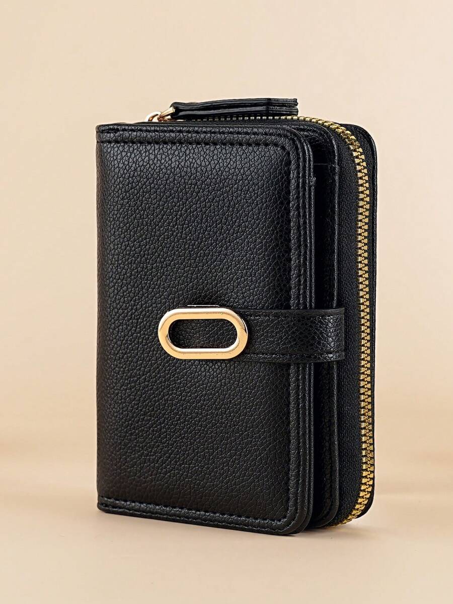Fashionable Metallic Buckle Accent Folding Short Simple & Elegant Litchi Textured Zipper Coin Birthday Gifts For Women Wallet Purse Wallet - Black - View 1