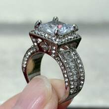 Nhẫn đính hôn Halo mạ bạc thanh lịch, đính đá Cubic Zirconia sang trọng - Quà tặng đính hôn hoặc ngày lễ tình nhân bằng đá quý thanh lịch cho người sinh tháng 4 - Bạc - Xem 14